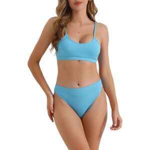 2 Piece High Waist Bottoms Adjustable Spaghetti Straps Bikini Sets Blue